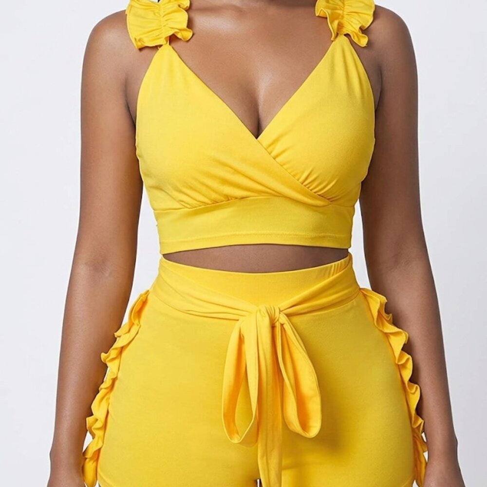Vibrant Yellow Two-Piece Set - Ruffle Crop Top & High Waisted shorts - Size M
